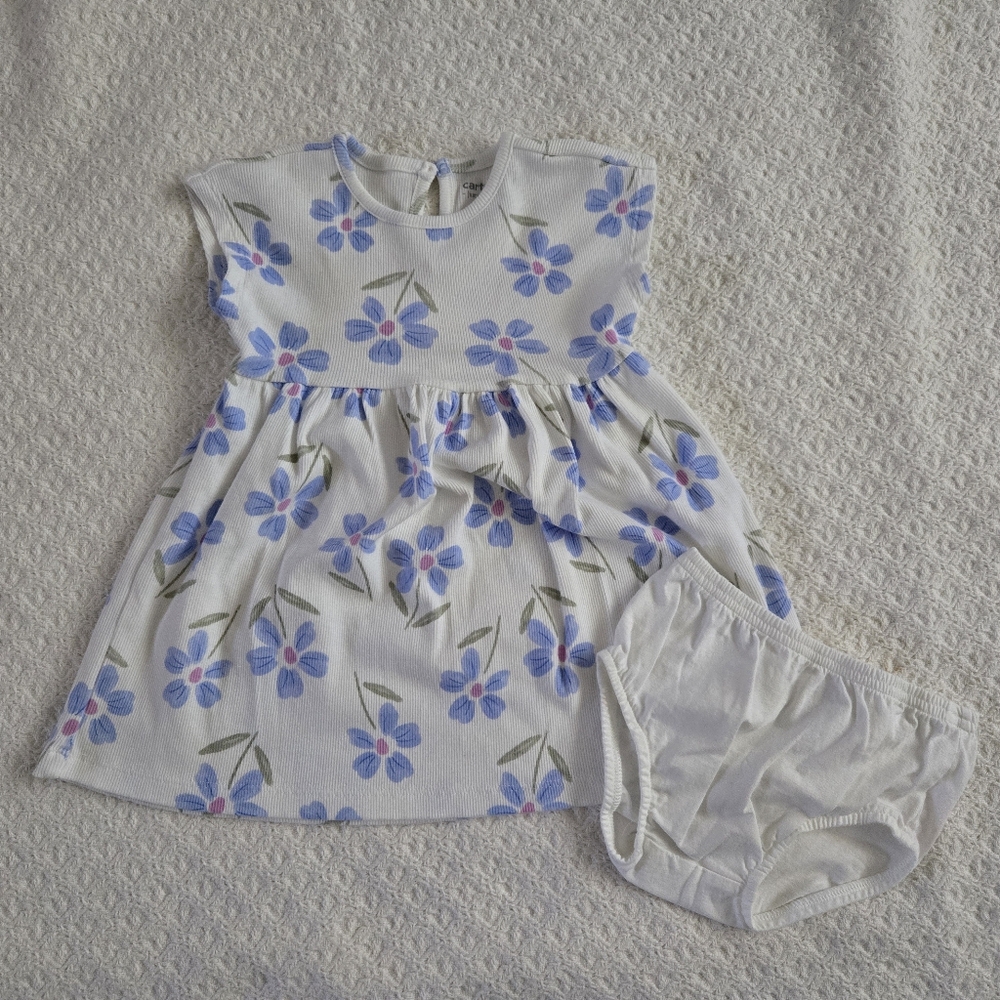 NWOT Carters Toddler Girl White With Blue Floral Cotton Stretchy Dress Size 18 M